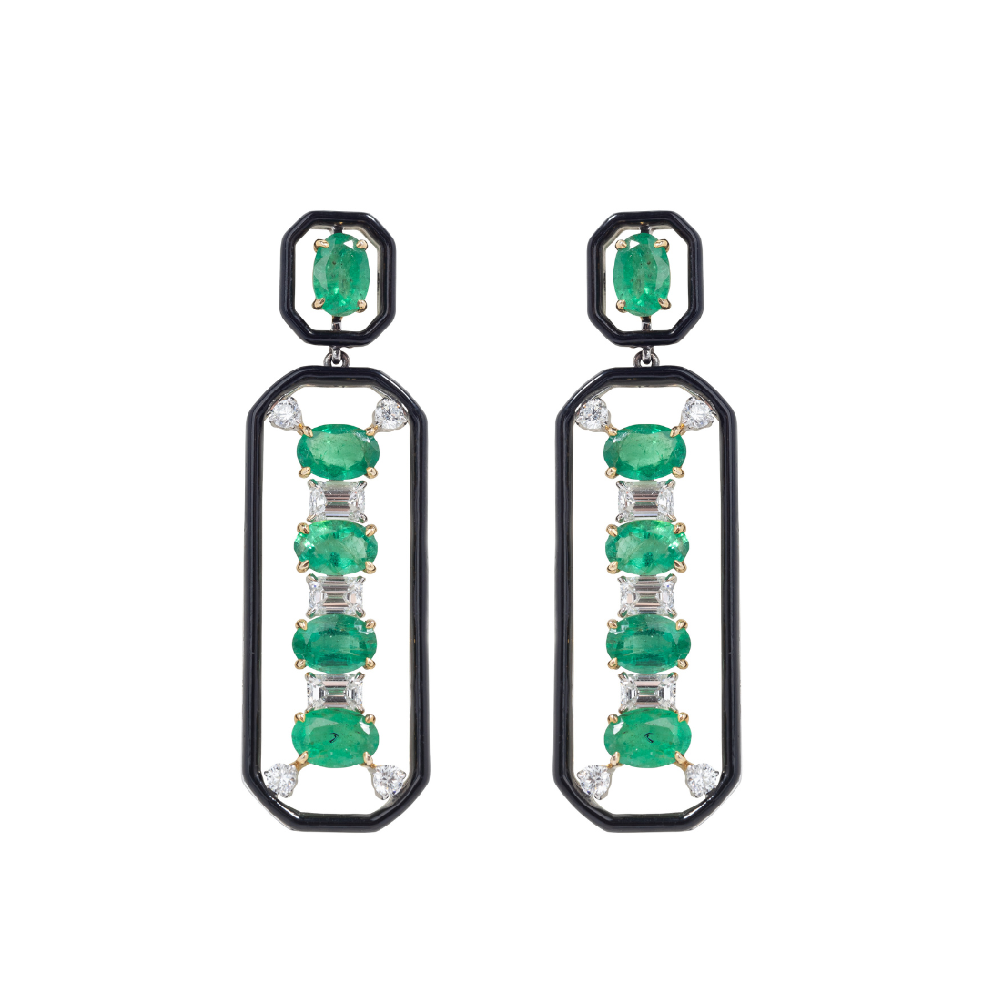 Djed Pillar Emerald & Onyx Earrings