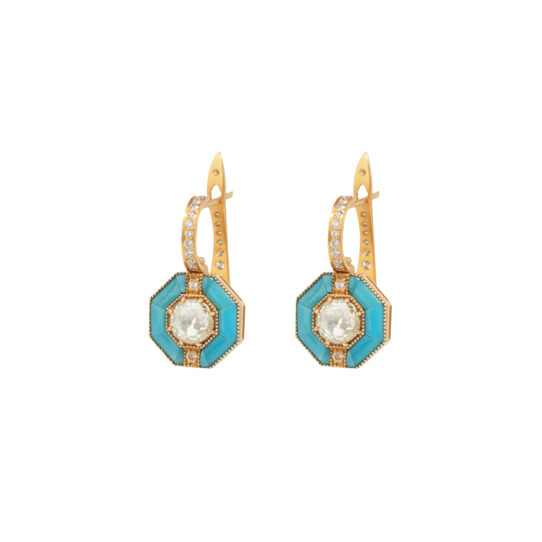 Rose Cut Diamonds Edged in Turquoise Earrings