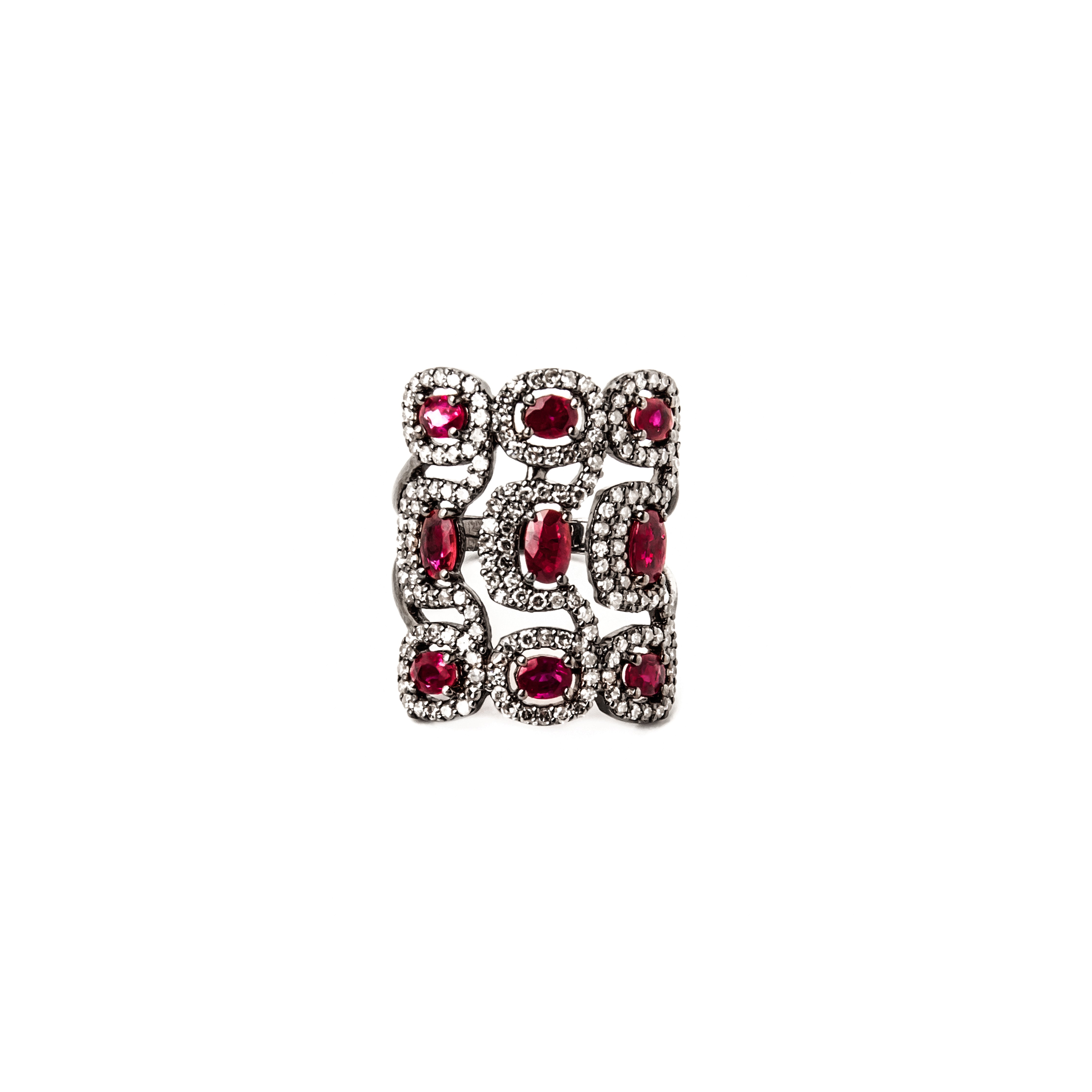 Nine Ruby & Diamond Square Ring