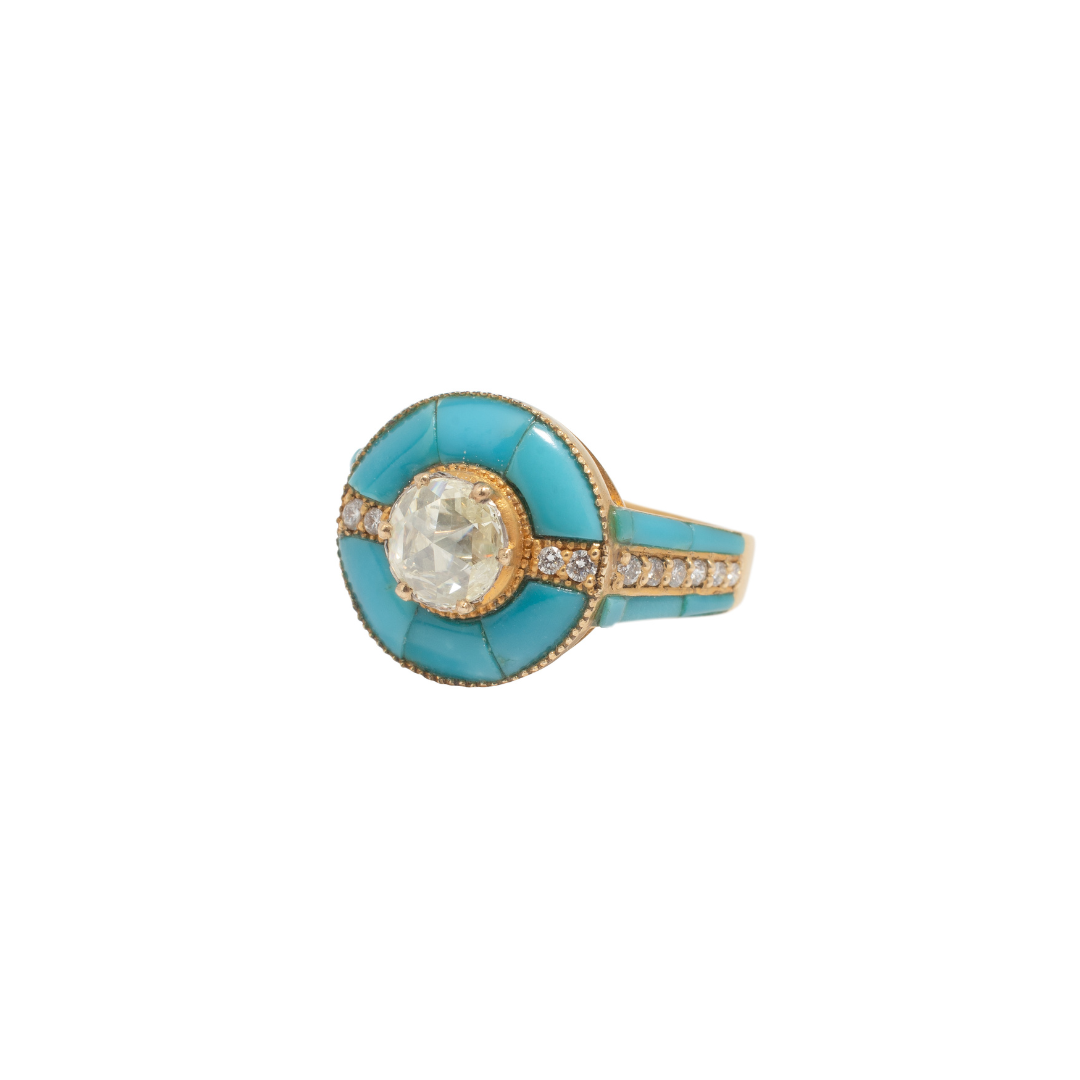Rose Cut Diamonds Edged in Turquoise Ring