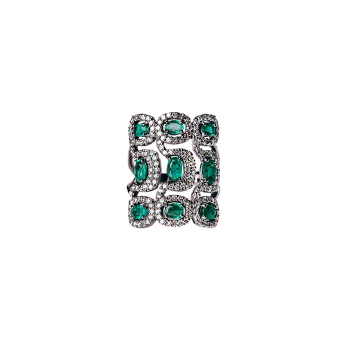 Nine Emerald & Diamond Square Ring